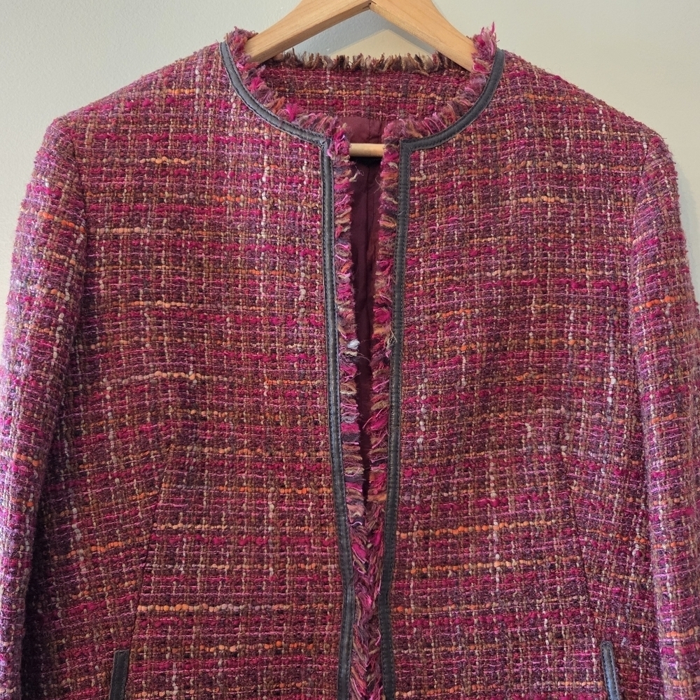 Lafayette 148 Blazer Women's Tweed Wool Collarless Fringe Trim Colorful Size 10 - Picture 3 of 16